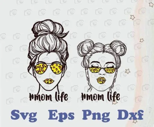 Messy Bun Mom, Double Bun Hair Daughter, Mom Life, Mom Life Leopard, Kids Life, Messy Bun Girl, Mom And Daughter, Layered SVG, DXF, PNG, EPS