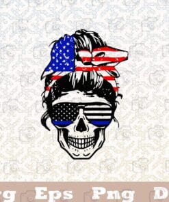 Messy Bun Skull, Back the blue skull, Red Blue White Skull, US Flag Headband, USA Police Glasses, Thin Blue Line, Layered SVG, DXF, PNG, EPS
