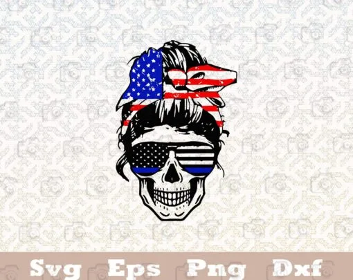 Messy Bun Skull, Back the blue skull, Red Blue White Skull, US Flag Headband, USA Police Glasses, Thin Blue Line, Layered SVG, DXF, PNG, EPS