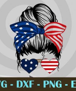 Messy Mom girl 4th of July ,Patriotic Messy Bun US Flag Bandana Customizable Layered Svg, Svg Eps Png Dxf
