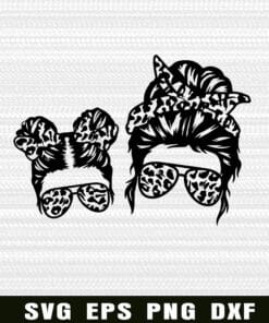 Mom and Daughter, Messy Bun, Leopard Headband, Leopard bandana, Leopard Sunglasses, Mother and Kid Layered Svg Eps Png Dxf