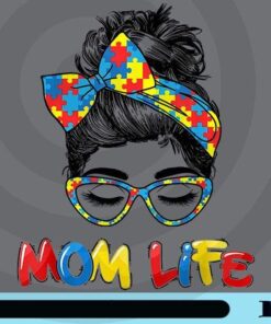 Mom Life, Autism Awareness, Mama, Women Face, Wink Eyes, Puzzle Headband, Messy Bun Mom, Mom Gift, Customizable Png