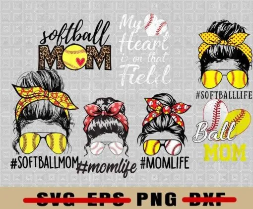 My Heart Is On That Field, Momlife, Ball Mom, Softball Life, Leopard Softball Mom, Messy Bun Baseball Girl, Png