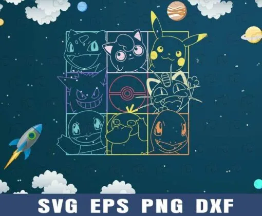 Neon Pokemon Grid, Pokemon Grid, Multi Grid, Pokemon Pikachu, Pikachu Lovers, Pokeball, Pokemon Face, SVG PNG DXF, EPS, PDF
