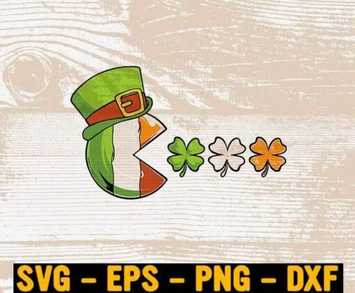 Pacman, St Patricks Day, Clovers, Shamrock, PAC-MAN Doodle Theme, Funny, Boys Girls Kids Gift, Happy St Patrick Layered SVG, DXF, PNG, EPS