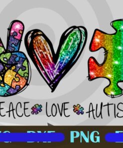 Peace Love Autism Awareness, Autism Month, Coloful Puzzle, Gift for Autism Kids, Glitter Rainbow Color, Customizable Png