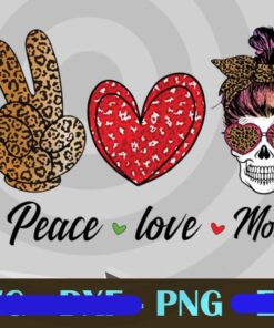 Peace Love Momskull, Messy Bun Skull, Bun Hair mom, Leopard Bandana, Love Mom, Mother Gift, Customizable Png