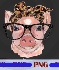 Pig with Glasses And Leopard Bandana, Hand Drawn, Sublimation PNG, Digital Download, Funny Piggie, Pig Mom, Customizable PNG