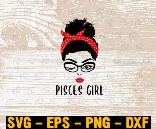 Pisces Girl, Astrology Wink Eye, Woman Face, Zodiac Gift, Sexy Face Girl, Girl With Bandana, Red Dots Bandana, Gift For Girl Layered Svg Eps Png Dxf