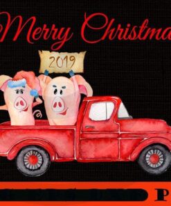 Red Pickup Truck and Xmas Piglets 2019 - Funny Christmas Pigs, Happy Christmas X-mas, Christmas Truck, Christmas Day, Christmas Gift, Customizable PNG