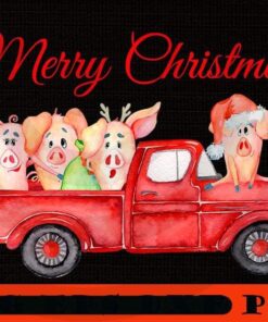 Red Pickup Truck with Cute Pigs - Year of the Pig, Happy Christmas Christmas Truck X-mas, Christmas Day, Cute Christmas Gift, Customizable PNG