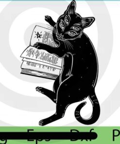 Smart Black Boho Four Eyed Demon Magic cat Reading The Necronomicon Book, 2021 Halloween, cute funny cat Art, Halloween Theme, Customizable PNG