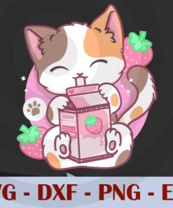 Strawberry Shake Strawberry Milk Cat Kawaii Neko Anime , Customizable Layered Svg, Svg Eps Png Dxf