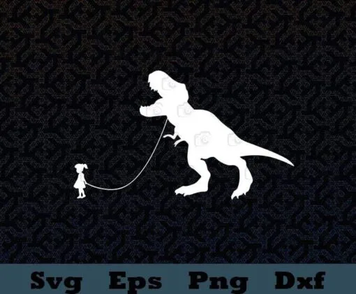 T-Rex Dinosaur Pet on a Leach led by a Girl, Pet Dinosaur, A Girl And Her T Rex,SVG PNG DXF, EPS, PDF