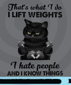That's What I Do, I Lift Weights, I Hate People And I Know Things, Grumpy Black Cat, Gym Cat, Funny Saying, Customizable Png