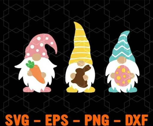 Three Gnomes, Easter Gnome, Funny Easter Day, Happy Easter Day, Gnomes Holding Carrot, Rabbit and Egg, Layered SVG, DXF, PNG, EPS