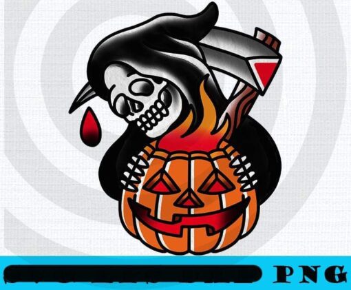 Traditional Reaper with Pumpking Tattoo Piece, Horror Movie, Horror Film, 2021 Halloween, Halloween Day, Scary Halloween Movie Art Gift Customizable PNG