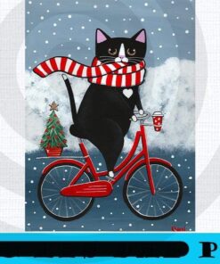 Tuxedo Cat Winter Bicycle Ride red , Merry Christmas, Christmas Day, Christmas Cat Customizable PNG