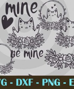 Valentine Cat heart floral circle couple Design Bundles Customizable Layered Svg, Svg Eps Png Dxf