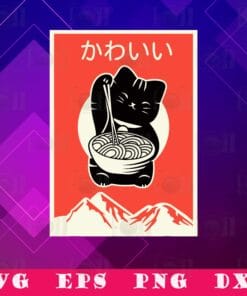 Vintage Kawaii Cat Anime, Cat Eats Ramen, Japanese Noodles, Gift Retro Japanese Style, SVG PNG DXF, EPS, PDF