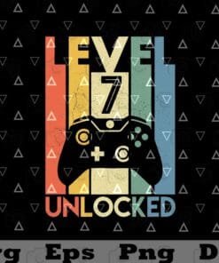 Vintage Kids Level 7 Unlocked, Funny Video Game, 7th Birthday Gift, Rainbow Color, Layered SVG, DXF, PNG, EPS