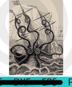 Vintage Kraken attacking a ship, Happy Halloween 2021, 2021 Halloween, Halloween, Halloween Theme, Scary Halloween Art, Scary Halloween Gift, Customizable PNG