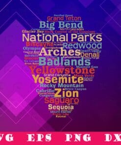 Vintage List Word Cloud, National Parks, Camping, Love Hiking, Big Bend, Yellowstone, Zion, SVG PNG DXF, EPS, PDF