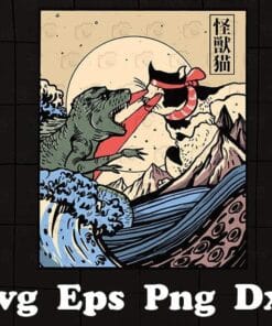 Vintage Retro Japanese Great Wave Cat vs Monster Gift, Cat Lovers, Gift for Cat Owner, Layered SVG, DXF, PNG, EPS