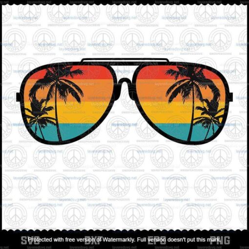 Vintage Sunglasses, Beach Palm Trees, Retro Umbrella Sunglasses, Glasses Aviator, Vacation Summer, Layered Svg Eps Png Dxf