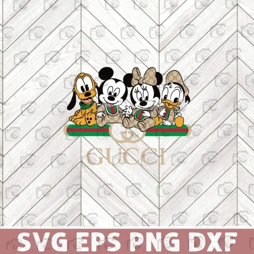 Walt Disney Characters, Mickey Mouse, Minnie Mouse, Donald Fauntleroy Duck, Pluto the Pup, Pluto, Donald Duck, Gucci Outfit Layered Svg,Svg Eps Png Dxf