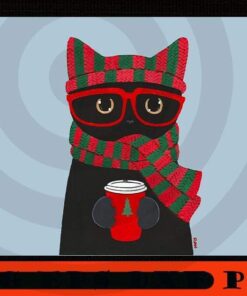 Winter Black Cat With Coffee , Merry Christmas, Christmas Day, Christmas Cat Customizable PNG