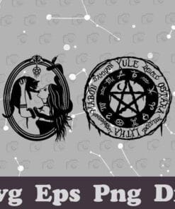 Witch And Cat SVG, Pagan svg, Gothic svg, Wicca svg, Illustration Runic Alphabet Pentagram, Layered SVG, DXF, PNG, EPS